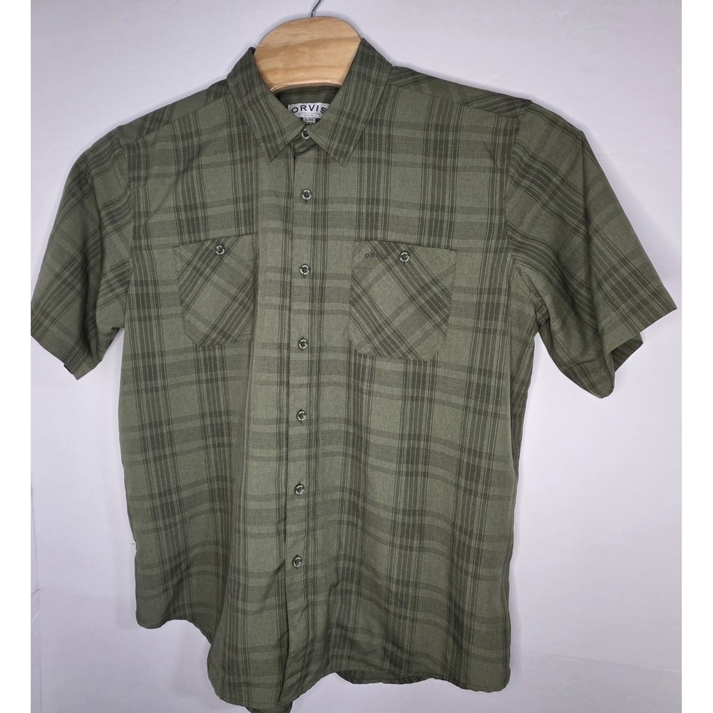 Orvis Mens Size XL Green Plaid Short Sleeve‎ Button Down Polyester Shirt